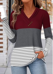 Wine Red Geometric Print Shirred Long Sleeve T Shirt