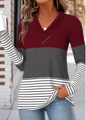 Wine Red Geometric Print Shirred Long Sleeve T Shirt | thumb picture 