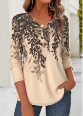 Light Coffee Floral Print Curved Hem T Shirt 3