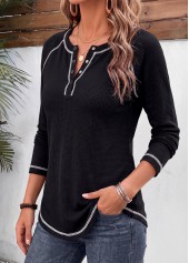 Black Patchwork Long Sleeve Split Neck T Shirt | thumb picture 