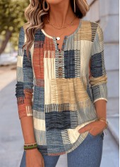 Multi Color Geometric Print Tuck Stitch T Shirt