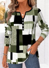 Green Geometric Print Curved Hem Long Sleeve T Shirt