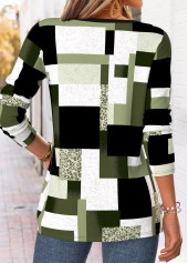 Green Geometric Print Curved Hem Long Sleeve T Shirt 2