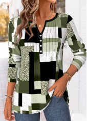 Green Geometric Print Curved Hem Long Sleeve T Shirt 3