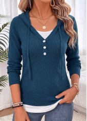 Peacock Blue Fake 2in1 Long Sleeve Hooded Sweater