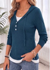 Peacock Blue Fake 2in1 Long Sleeve Hooded Sweater 3