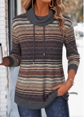 Dark Grey Multi Stripe Print Double Side Pockets Sweatshirt