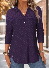 Purple Patchwork Long Sleeve Shirt Collar Blouse