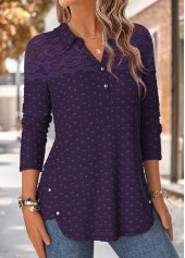 Purple Patchwork Long Sleeve Shirt Collar Blouse 3