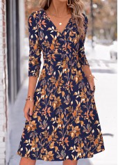 Navy Leaf Print Shirred Long Sleeve V Neck Dress