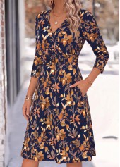 Navy Leaf Print Shirred Long Sleeve V Neck Dress 3