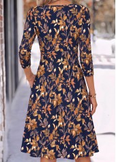 Navy Leaf Print Shirred Long Sleeve V Neck Dress 2