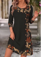 Black Leaf Print Short Patchwork Long Sleeve Dress