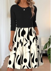 Black Geometric Print Pleated Long Sleeve Round Neck Dress