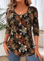 Black Floral Print Curved Hem Long Sleeve T Shirt