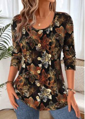 Black Floral Print Curved Hem Long Sleeve T Shirt 3