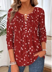 Wine Red Floral Print Tuck Stitch T Shirt
