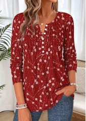 Wine Red Floral Print Tuck Stitch T Shirt 3