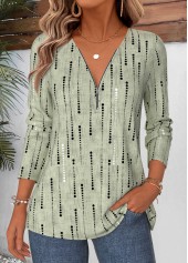Sage Green Geometric Print Curved Hem T Shirt