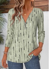 Sage Green Geometric Print Curved Hem T Shirt 3
