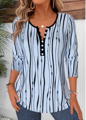 Light Blue Striped Curved Hem Long Sleeve T Shirt