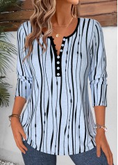 Light Blue Striped Curved Hem Long Sleeve T Shirt 3