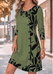 Sage Green Leaf Print Short Patchwork Long Sleeve Dress | thumb picture 