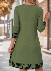 Sage Green Leaf Print Short Patchwork Long Sleeve Dress | thumb picture 