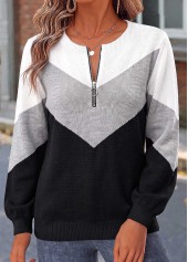 Black Geometric Print Patchwork Long Sleeve Sweater