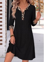 Black Leopard Short Patchwork Long Sleeve Split Neck Dress