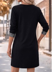 Black Short Patchwork Long Sleeve Round Neck Dress 2