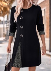 Black Short Patchwork Long Sleeve Round Neck Dress 3