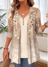 Light Coffee Ombre Long Sleeve Fake Two Piece Twinset