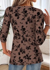 Dark Coffee Floral Print Patchwork Long Sleeve T Shirt 2