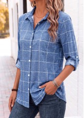 Denim Blue Plaid Tummy Coverage 3/4 Sleeve Shirt 3