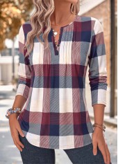 Multi Color Plaid Tuck Stitch Long Sleeve Blouse 3