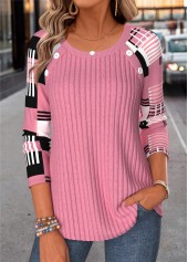 Pink Geometric Print Button Long Sleeve T Shirt