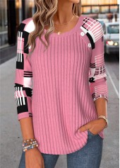 Pink Geometric Print Button Long Sleeve T Shirt 3