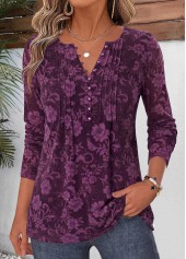 Dark Reddish Purple Floral Print Curved Hem T Shirt