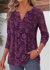 Dark Reddish Purple Floral Print Curved Hem T Shirt 3