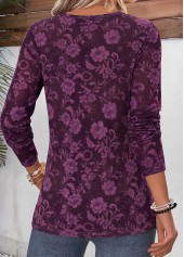 Dark Reddish Purple Floral Print Curved Hem T Shirt 2