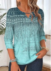 Mint Green Geometric Print Shirred 3/4 Sleeve Blouse 3