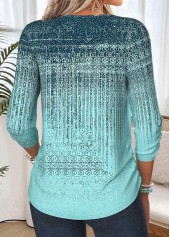Mint Green Geometric Print Shirred 3/4 Sleeve Blouse 2