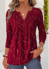 Red Geometric Print Curved Hem Long Sleeve T Shirt