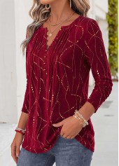Red Geometric Print Curved Hem Long Sleeve T Shirt 3