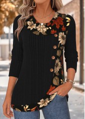 Black Floral Print Patchwork Long Sleeve T Shirt