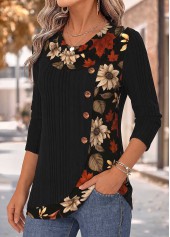 Black Floral Print Patchwork Long Sleeve T Shirt 3