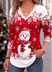 Christmas Red Snowman Print Patchwork Long Sleeve T Shirt 3
