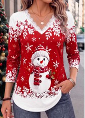 Christmas Red Snowman Print Patchwork Long Sleeve T Shirt