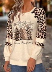 Christmas Beige Patchwork Long Sleeve Round Neck Sweatshirt 3